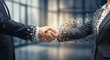 Handshake Between Two Businesspeople Dissolving Into Visual Metaphor, One Side Fading or Fracturing Away