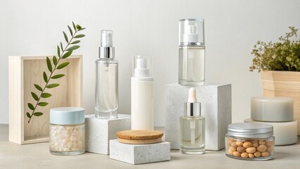 A serene spa still life features bath salt, soap, and candles, evoking a sense of wellness and clean hygiene with cosmetic bottles and a towel on white