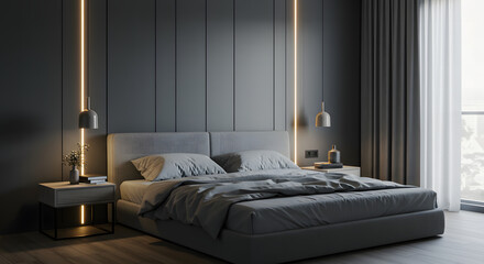 Modern bedroom interior with a king size bed grey upholstered headboard and minimalist bedside tables with pendant lighting