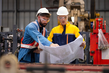 Blueprint plan construction architecture. Professional Mechanical Engineer team Working at Metal lathe industrial manufacturing factory. Engineer Operating lathe Machinery. Product quality Inspection