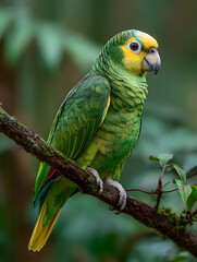 Obraz premium parrot, bird, animal, green, beak, tropical, nature, colorful, wildlife, pet, feather, exotic, macaw, amazon, yellow, wild, blue, red, beautiful, fauna, jungle, color, branch, avian, conure