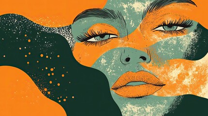 Abstract face illustration in orange and green hues for modern artistic expression 