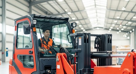 Asian male adult operating forklift in industrial warehouse setting