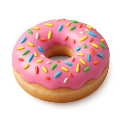 Delicious pink donut with colorful sprinkles on transparent background