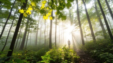 Fototapeta premium Sunlight path through misty forest
