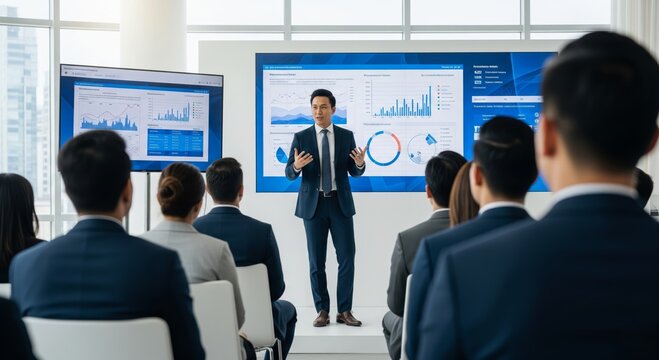 Asian male professional presenting business data to diverse audience in modern conference room