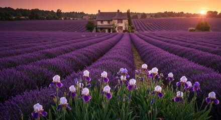 Fototapeta premium Lavender Field and Country House at Sunset. Scenic lavender field with blooming flowers and stone house in the background, sunset countryside view. 