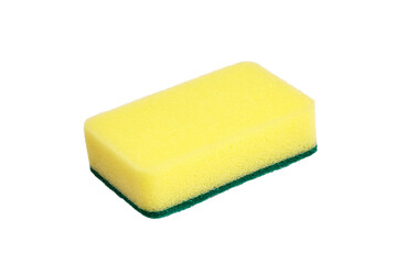 Yellow cleaning sponge with green scouring pad, designed for effective scrubbing and cleaning surfaces, ideal for household chores and maintenance tasks in various environments