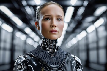 Futuristic humanoid robot in a high-tech environment