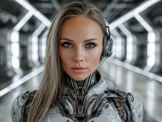 Robotic humanoid with striking features in futuristic environment
