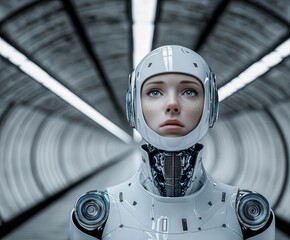 Robotic figure with human features in futuristic setting
