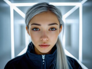 Young woman with silver hair in modern light-filled space