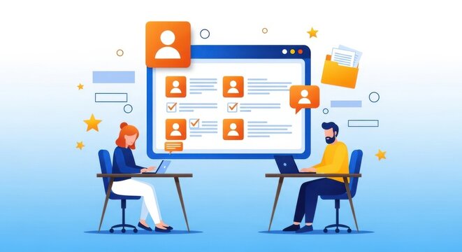 Two recruiters are reviewing job candidates on a computer screen