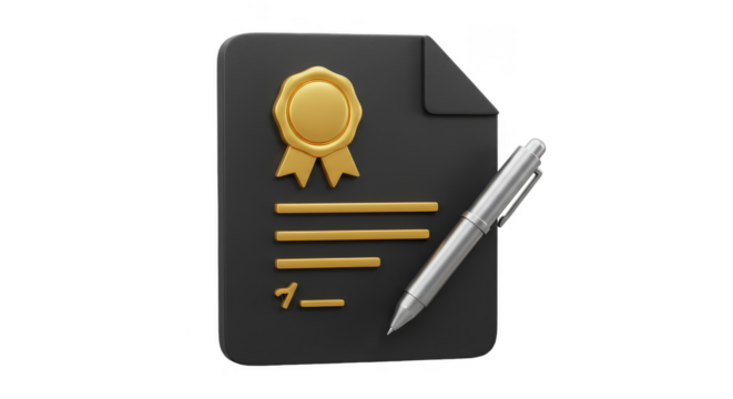3D Render of Black Contract Document Seal Pen on Transparent BG