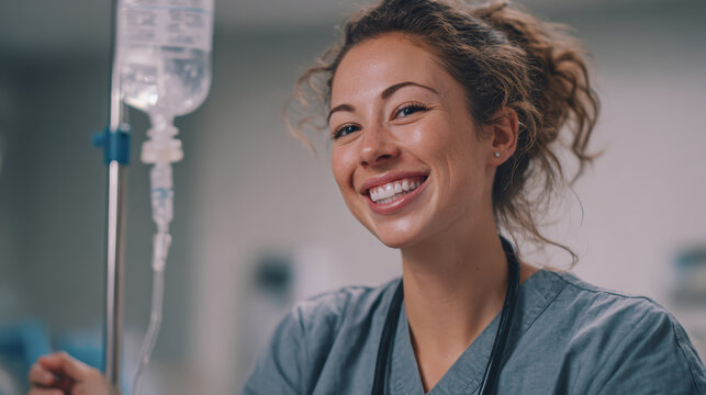 A friendly nurse smiling at the camera while working in a hospital environment. - Powered by Adobe