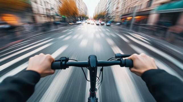 First-person view of fast e-bike ride through city street. - Powered by Adobe
