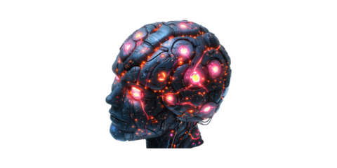 Futuristic Cyborg Head With Glowing Neural Network. Artificial Intelligence And Technology Concept Isolated On Transparent Background