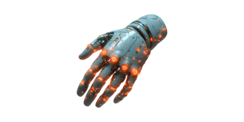 Futuristic Robotic Hand With Glowing Orange Lights. Advanced Technology And Cybernetic Innovation Isolated On Transparent Background