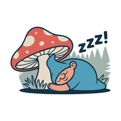 Design a unique  vector of a cozy blue gnome sleeping under a red-and-white spotted mushroom with 'zzZ!' text in a serene forest setting, ideal for creative projects and digital art