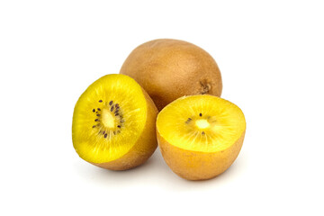 Fresh golden kiwi fruit, whole and sliced, showcasing vibrant yellow flesh and tiny black seeds,...