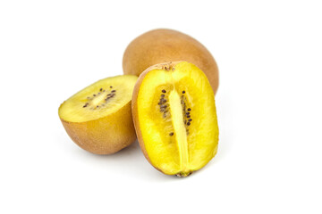 Fresh golden kiwi fruit, whole and sliced, showcasing vibrant yellow flesh and tiny black seeds, arranged on a clean white background for appealing visual presentation