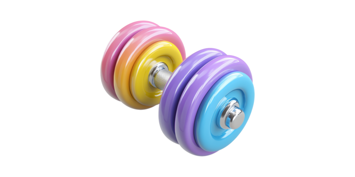 Colorful Dumbbell With Pastel Weights. Fitness And Exercise Equipment For Home Workouts Isolated On Transparent Background