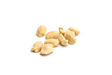 Salted peanuts scattered on a white background, showcasing their natural texture and color, ideal...