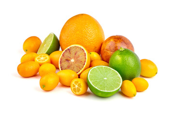 Vibrant assortment of citrus fruits including oranges, limes, and lemons arranged artistically on a white background, showcasing freshness and variety in a colorful display