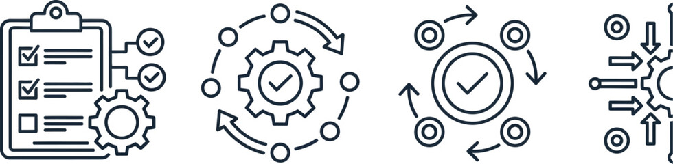 Four process icons showing checklist, cycle, integration, and efficiency