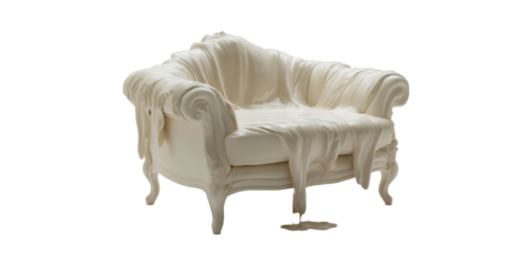 Melting Armchair Sculpture. Surreal Furniture Design And Artistic Expression Isolated On Transparent Background