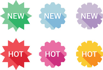 Long shadow badge icon set with "NEW" and "HOT" labels in geometric star shapes, flat colorful design for sale and promotion highlights