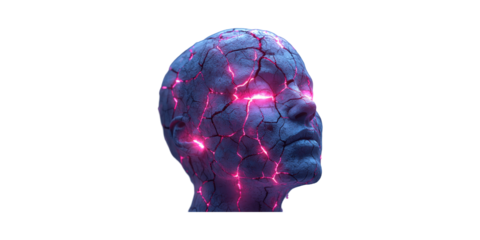 Cracked Human Head With Glowing Pink Lines. Symbolizes Technology And Artificial Intelligence Isolated On Transparent Background