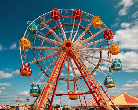 Colorful Ferris wheel against a bright blue sky amusement park carnival