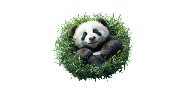 Cute Panda Resting In Bamboo Nest. Symbol Of Wildlife Conservation And Tranquility Isolated On Transparent Background