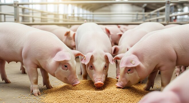 Group of young pigs feeding on pellets in barn with sunlight