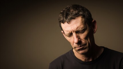 Obraz premium Middle-aged man with a strained expression, warm lighting highlighting his discomfort and tension.