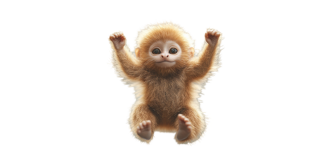 Cute Baby Monkey With Raised Arms. Adorable Animal Expression And Playful Pose Isolated On Transparent Background
