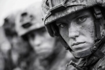 Fototapeta premium Determined female soldier leading squad in black and white