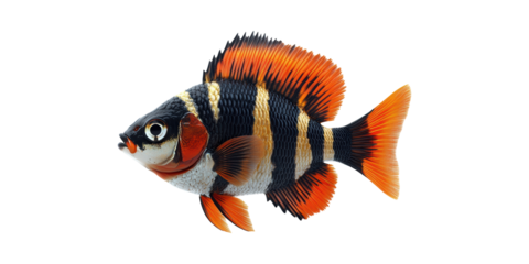 Colorful Tiger Barb Fish. Vibrant Aquarium Pet With Striking Stripes Isolated On Transparent Background