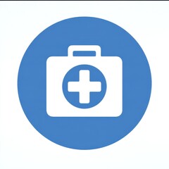 Obraz premium White medical kit with handle and cross emblem on blue circular background, clean minimalistic design, high-contrast bold shapes, flat-style icon.