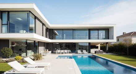 Obraz premium Modern luxury home with pool and patio in sunny backyard