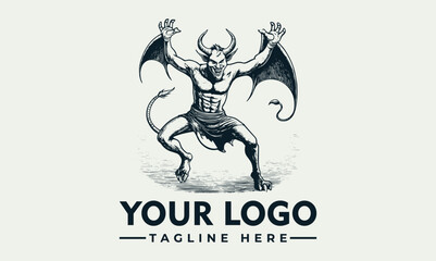 Engraved-style devil with horns, wings, tail, and muscular build, posed with raised arms.