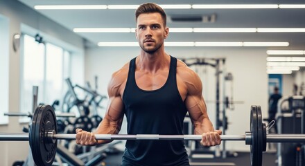 Muscular caucasian young adult male lifting barbell in gym setting