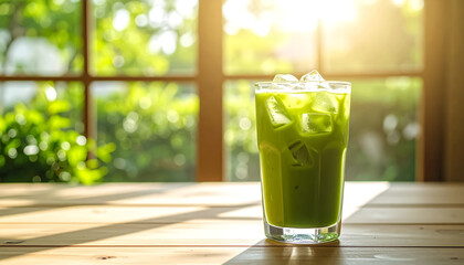 Iced pure matcha served in a transparent glass with layers of green tea and ice.