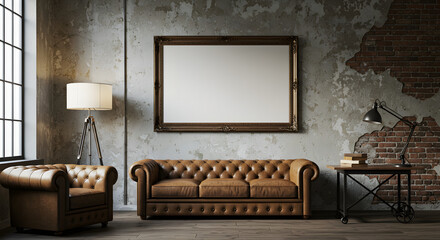 Luxurious brown leather chesterfield sofa and armchair in a loft with exposed brick and vintage decor