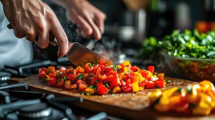 Kitchen activities, chopping vegetables, mixing bowl, stove cooking, meal prep moment, culinary process, everyday dining, home food preparation, cooking action