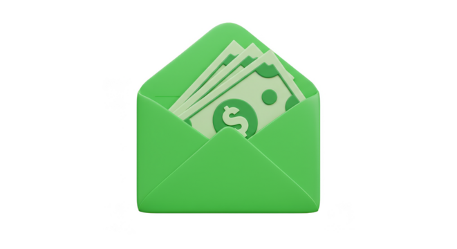 3D Render of Green Envelope Full of Dollar Bills Payment