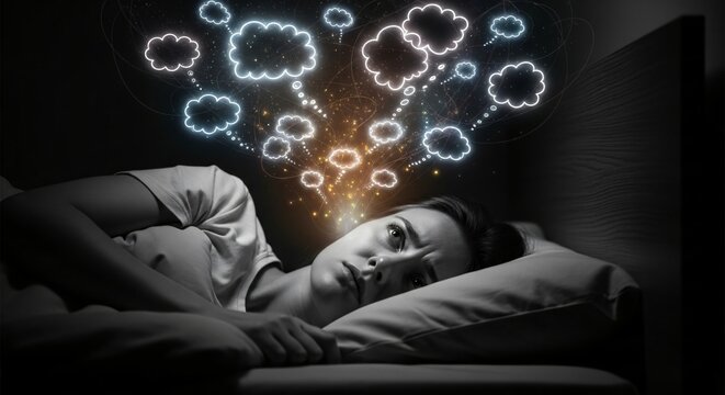 Restless Mind Trapped Between Insomnia and Anxiety, Visualized by Glowing Thoughts Above a Sleepless Figure