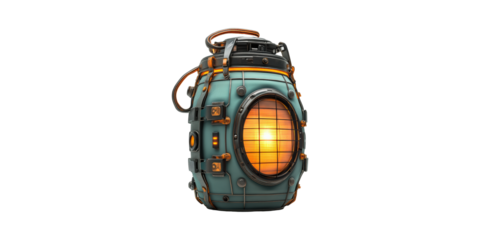 Futuristic Steampunk Lantern With Glowing Light. Retro-Futuristic Design And Industrial Aesthetic Isolated On Transparent Background