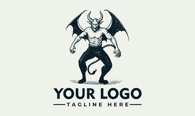 Muscular demonic figure with wings, logo design, strong posture, dark ink style.